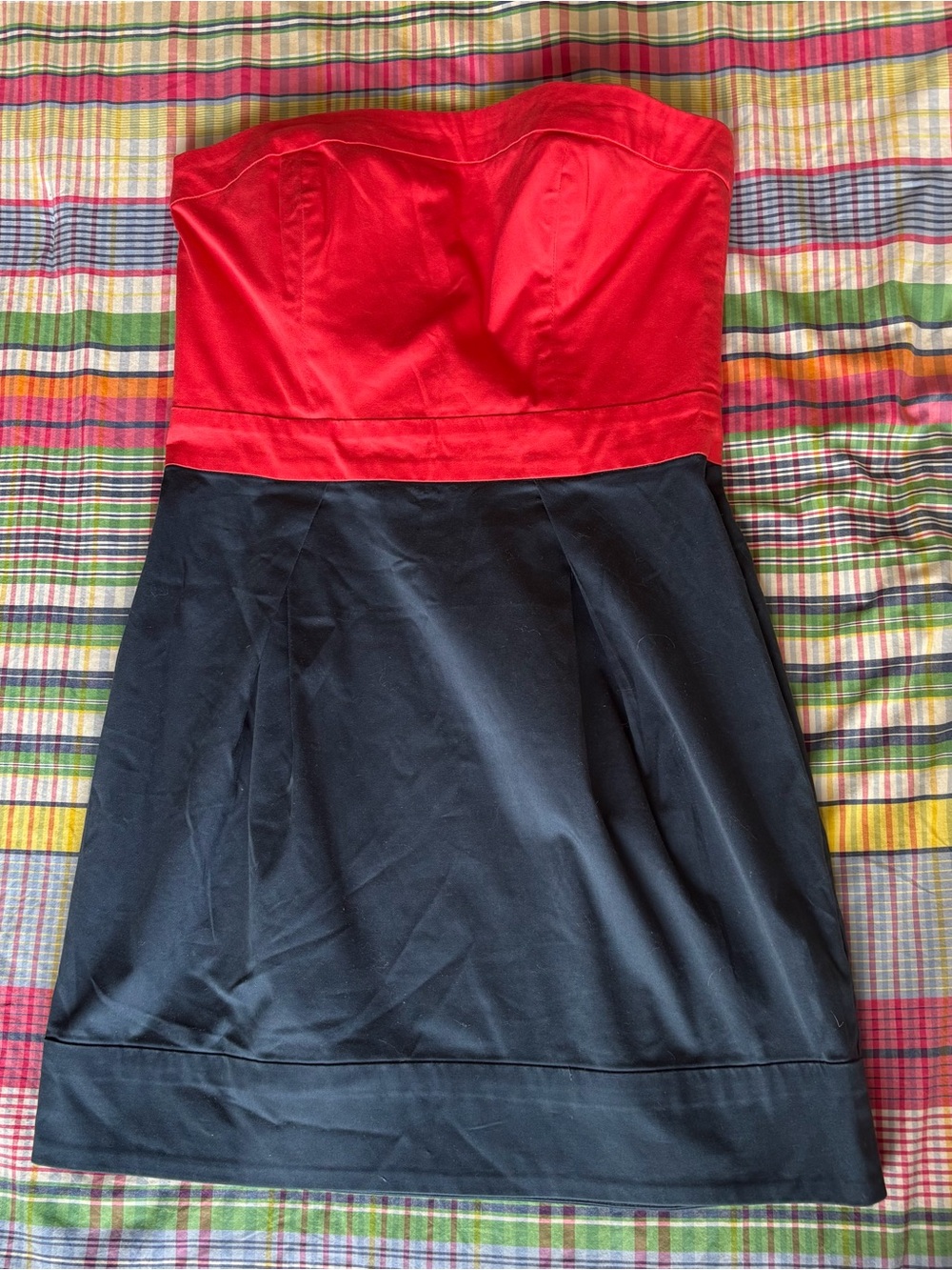 French Connection Red and Black Strapless Colorblock Dress